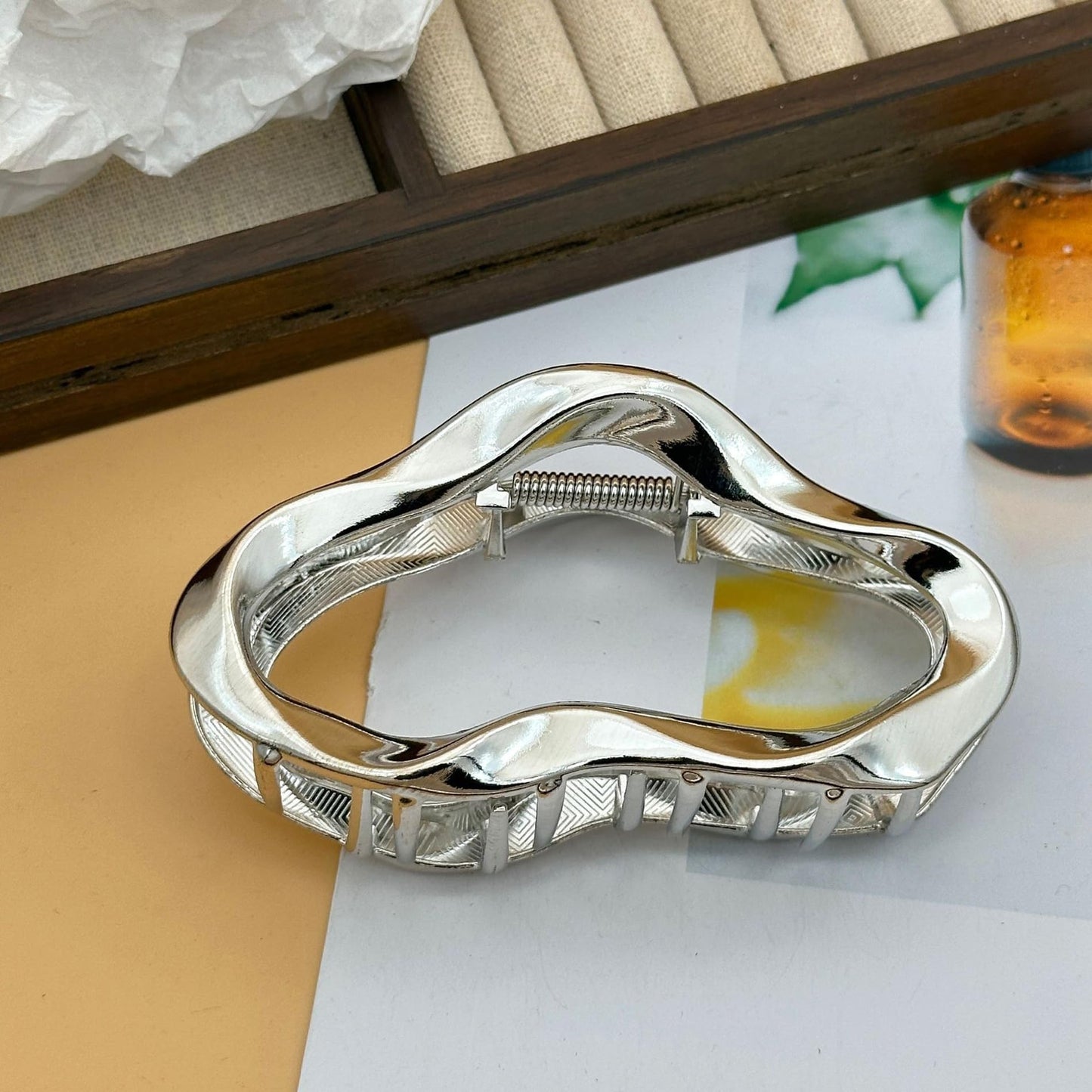 S.A.V.I Metal Hair Claw Clip 11 cm | Silver Wavy Hollow Design Strong Grip Hair Clutcher for Women | Korean Style Elegant Hair Accessory for Thick Long Hair
