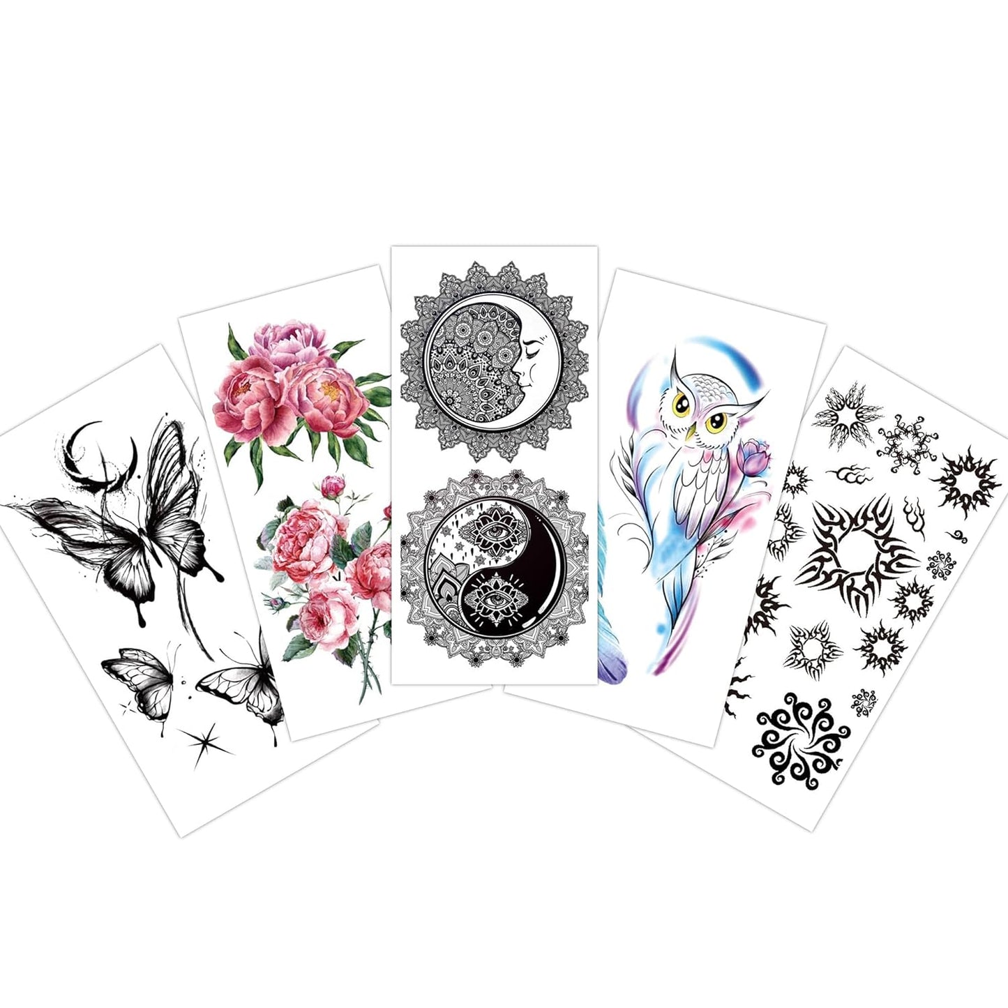S.A.V.I 5pcs Feng Shui Tattoo Stickers Combo - Luck Owl, Flowers, Stars  Butterflies - 10.5x6cm for Men  Women