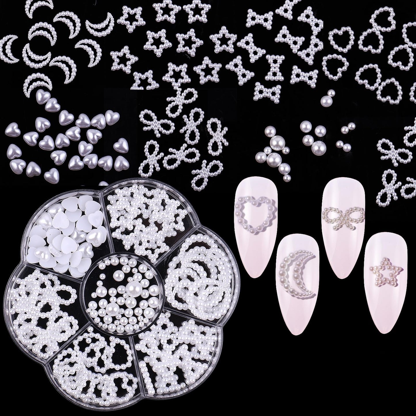 S.A.V.I White Pearl 3D Flat-Back Nail Art Charms Set – Star, Moon, Heart & Bow Shapes, Resin Pearl Design with 7-Section Round Storage Box for DIY Nail Decoration