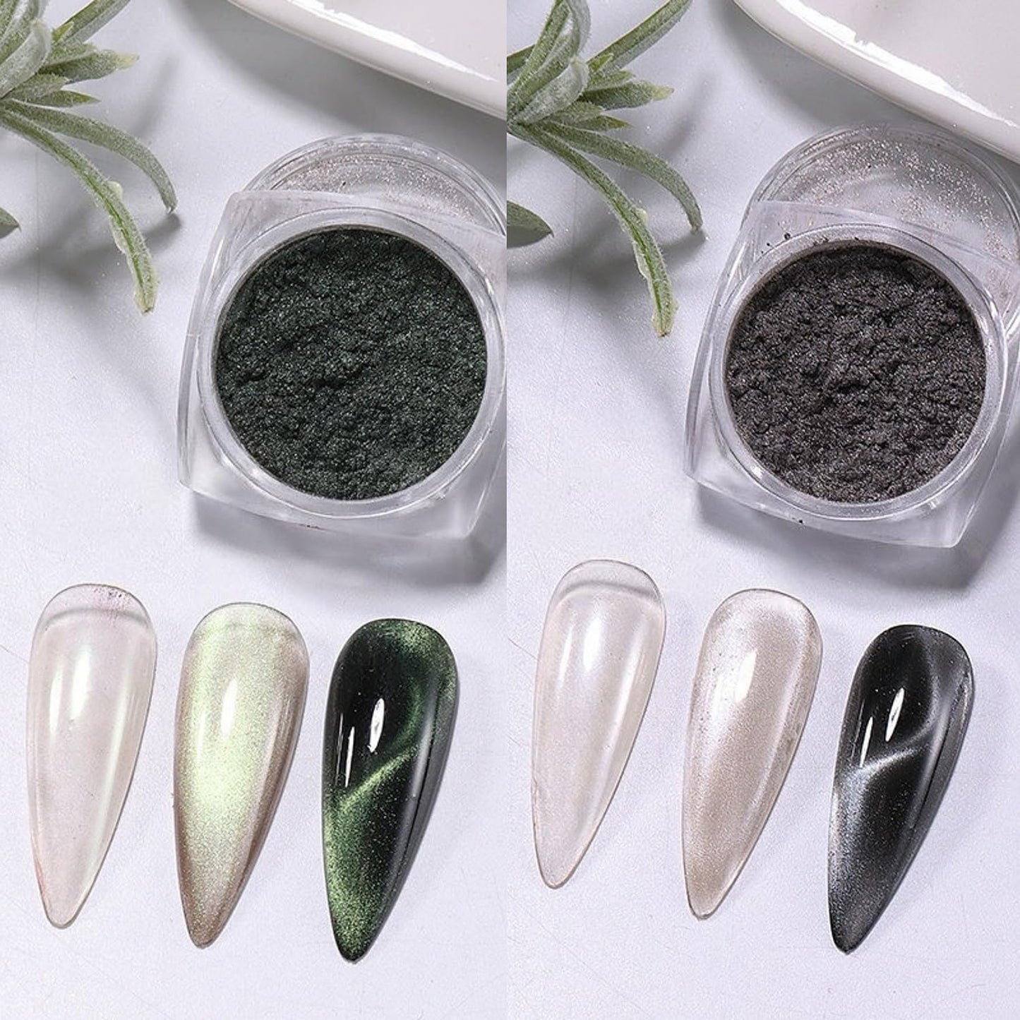 S.A.V.I Cat Eye Magnetic Nail Powder Set Green & Silver 2x5g | DIY Chrome Pigment, Shimmer Effect, Mix 1:1 Formula, Salon & Home Use, 2 Jars Included