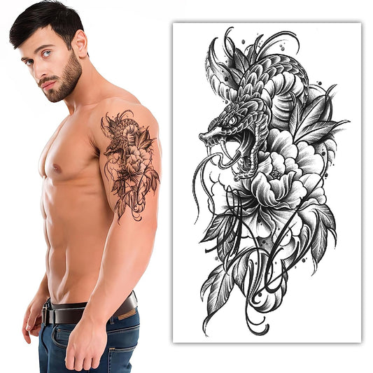 S.A.V.I Dragon on Peony Flower 3D Waterproof Tattoo Sticker | Realistic Design | Black | Size 21x11cm
