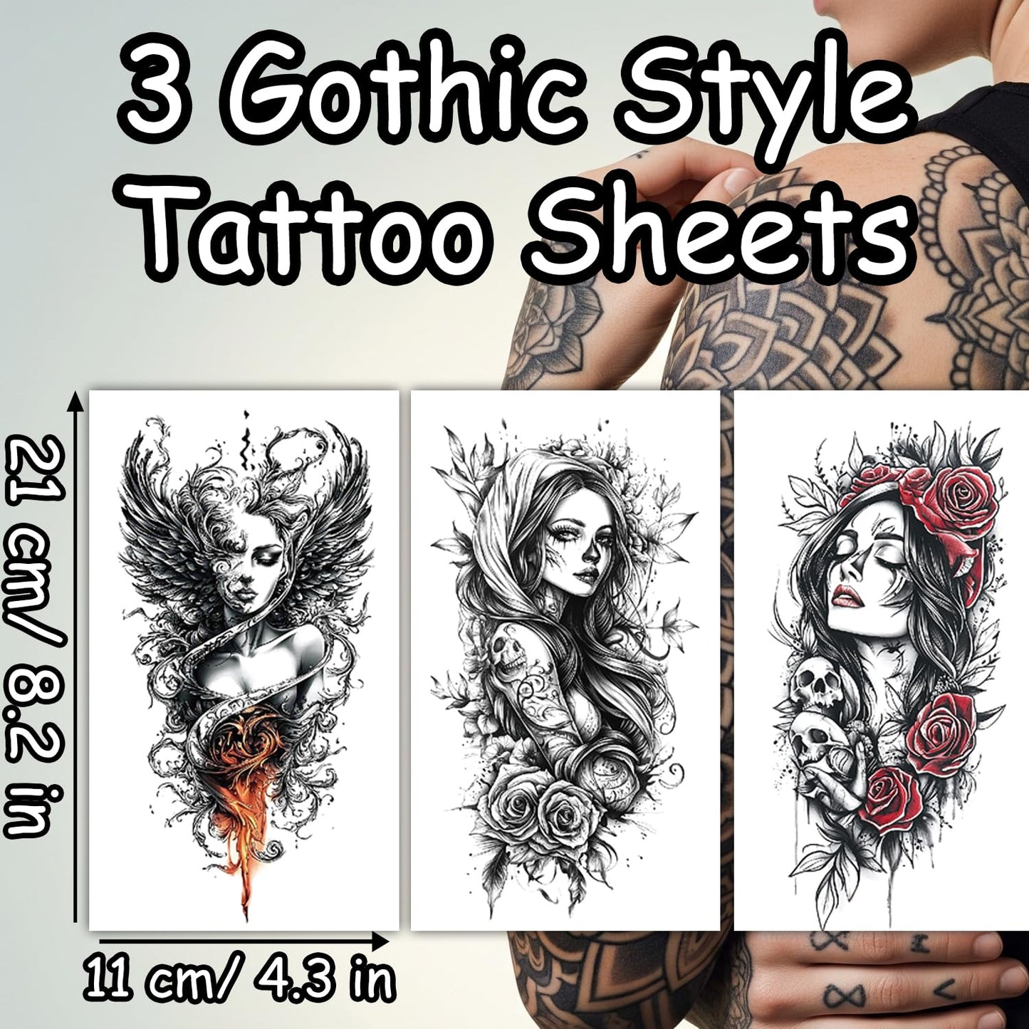 S.A.V.I 3 Gothic Temporary Tattoo Sheets for Women & Men | Large 21x11cm Arm Tattoos | Black & Red Rose, Skull & Angel Designs | Safe Non-Toxic | Waterproof & Long-Lasting Body Art Stickers (Gothic)