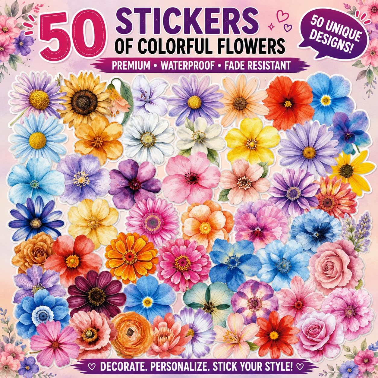 S.A.V.I 50 Pcs Floral Stickers Pack, Multicolor Waterproof Vinyl Decals
