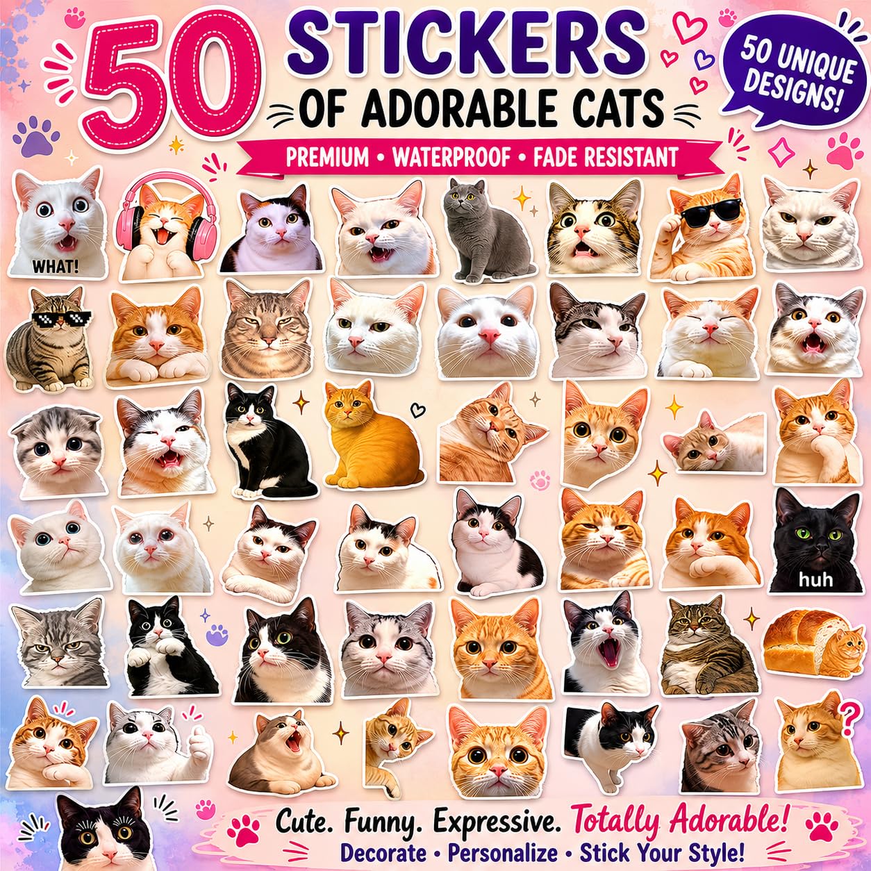 S.A.V.I 50 Pcs Cute Cat Stickers for Water Bottles, Laptops & Phones