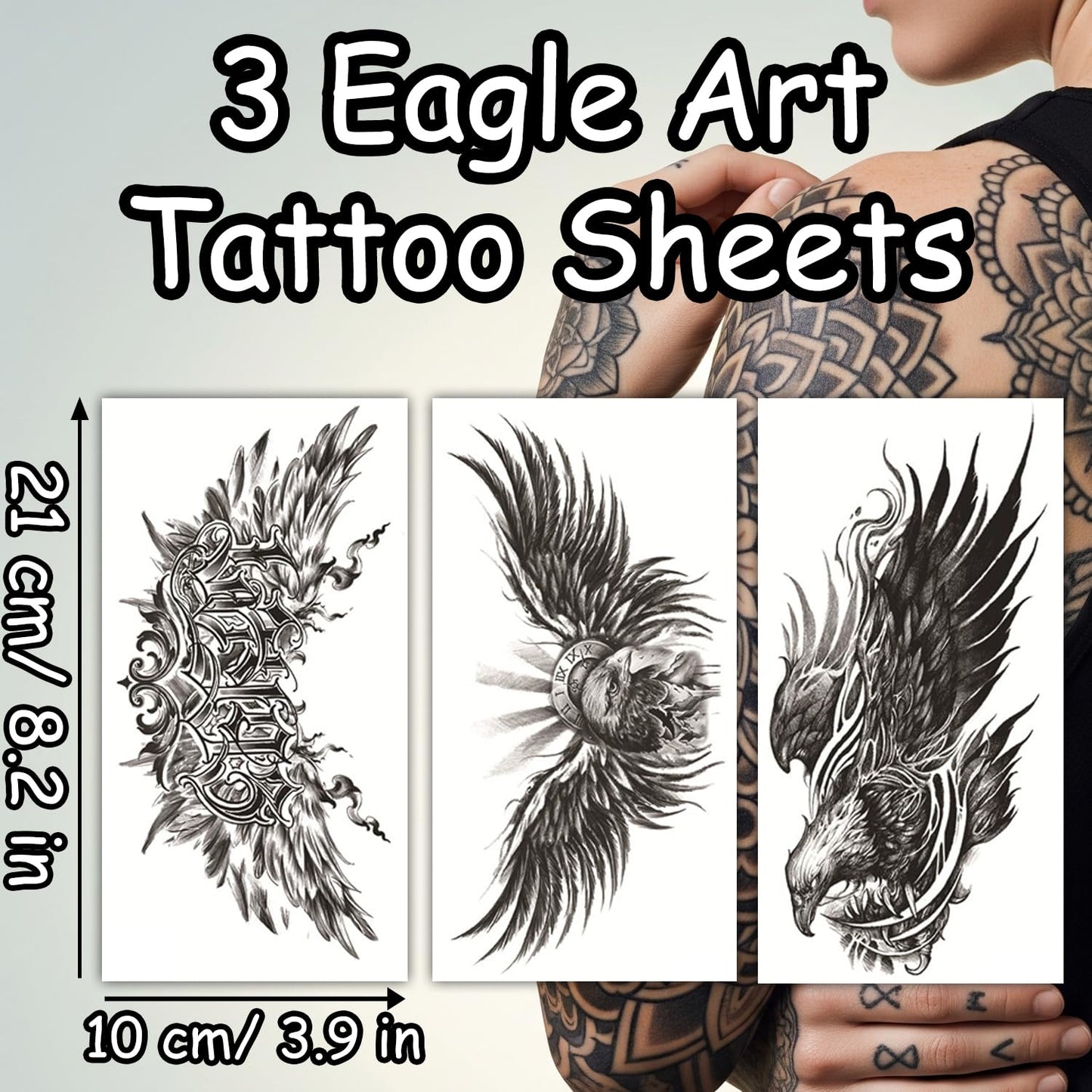 S.A.V.I 3 Pcs Large Eagle Design Temporary Tattoo Sheets for Men & Women – 21x10 cm Black Waterproof Body Art Stickers – Safe, Non-Toxic, Easy to Apply & Remove, Long-Lasting Skin Tattoos