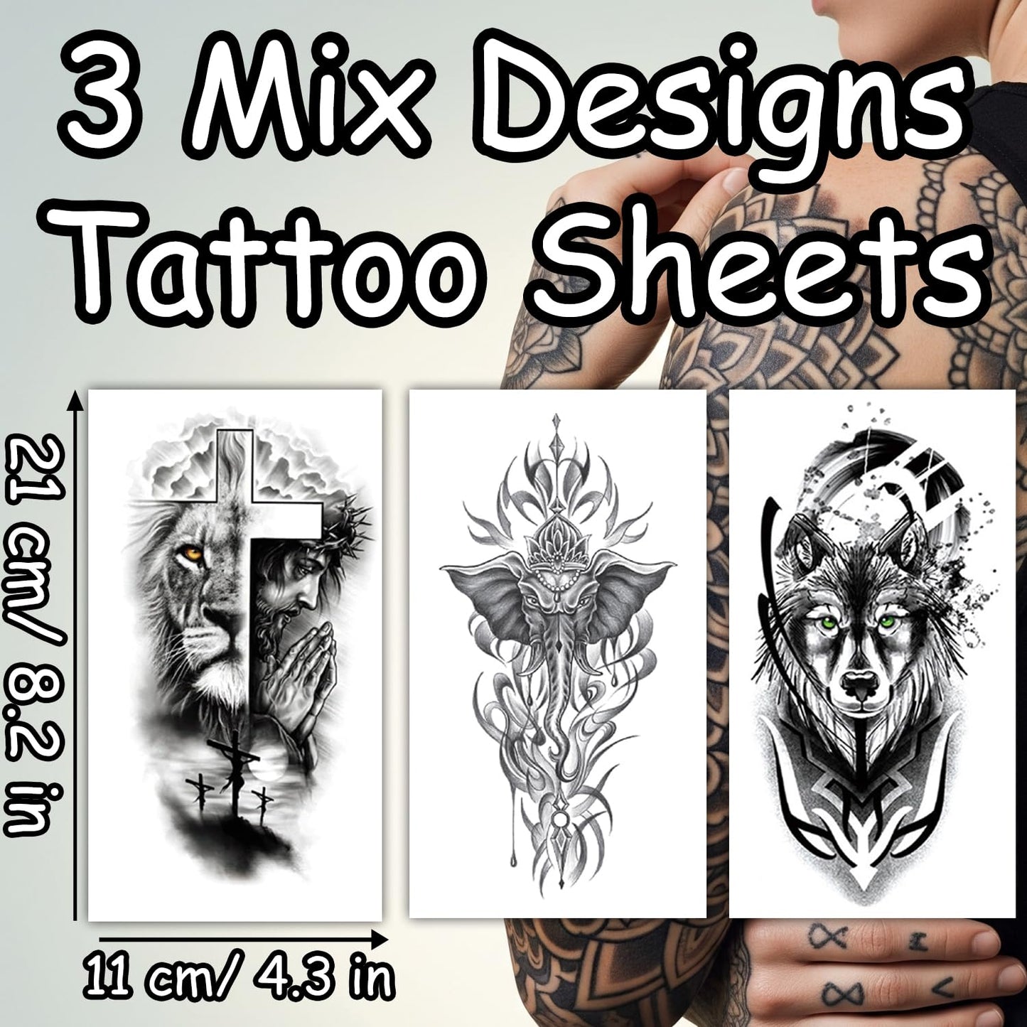 S.A.V.I 3 Majestic Lion & Tiger Temporary Tattoo Sheets for Men & Women | Large 21x11cm Arm Sleeve Stickers | Realistic Black & Orange Flame Body Art | Safe, Non-Toxic & Long Lasting (Wild-1)