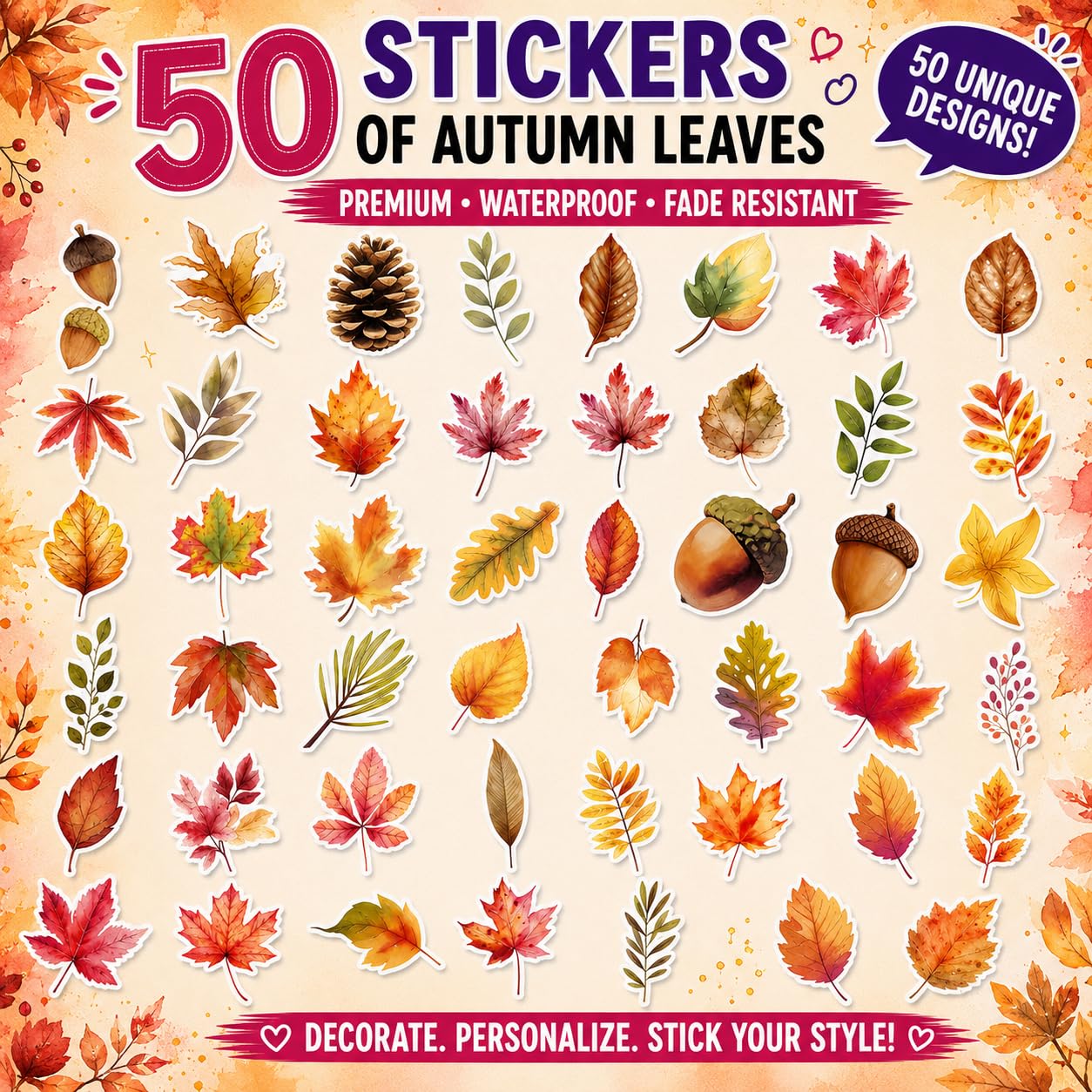 S.A.V.I Autumn Leaves Stickers Pack, 50 Waterproof Vinyl Decals