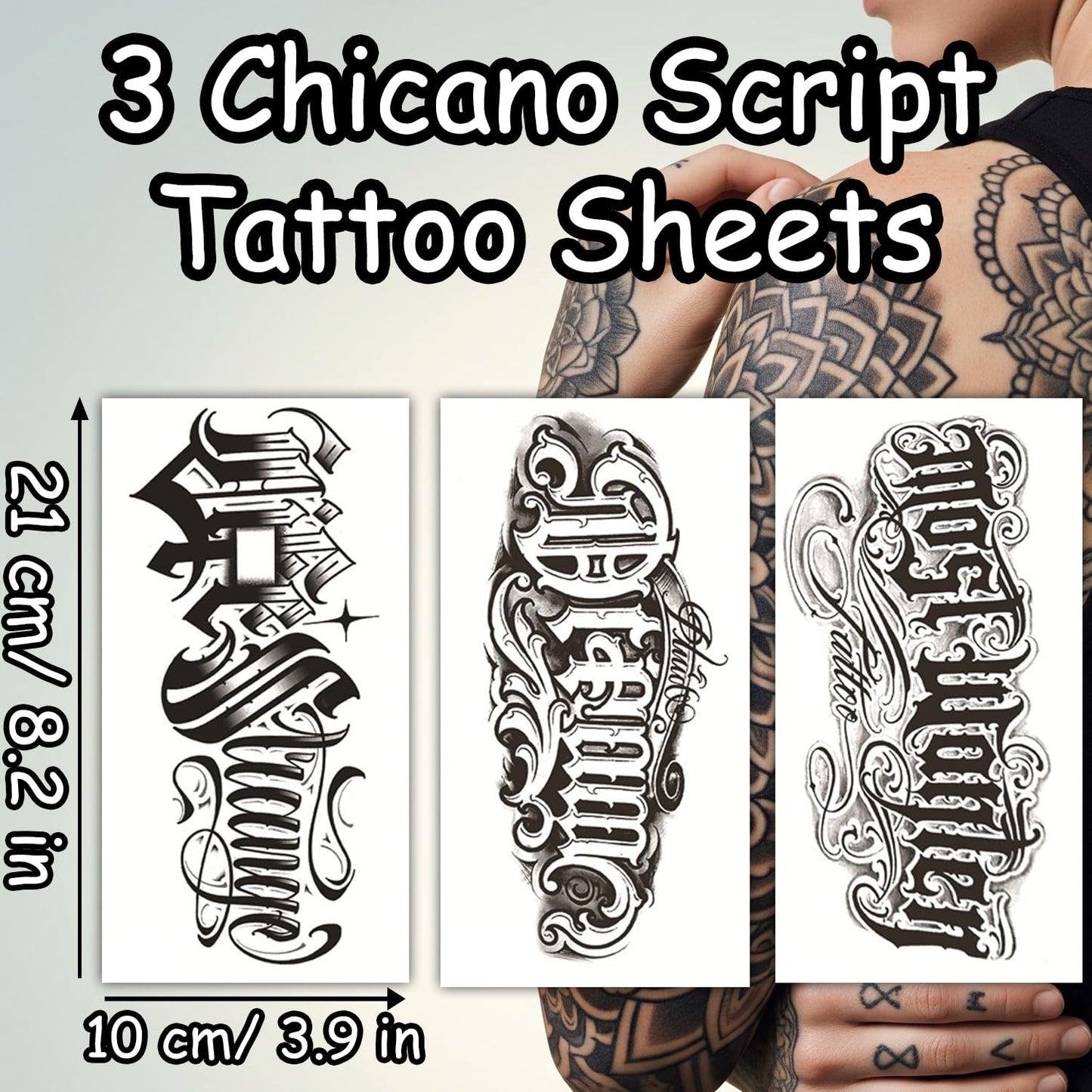 S.A.V.I 3 Sheet Chicano Script Temporary Tattoo Stickers – Waterproof, Safe & Non-Toxic Body Art, Stylish Black Calligraphy Design for Men & Women, Easy Apply & Remove, 21x10cm