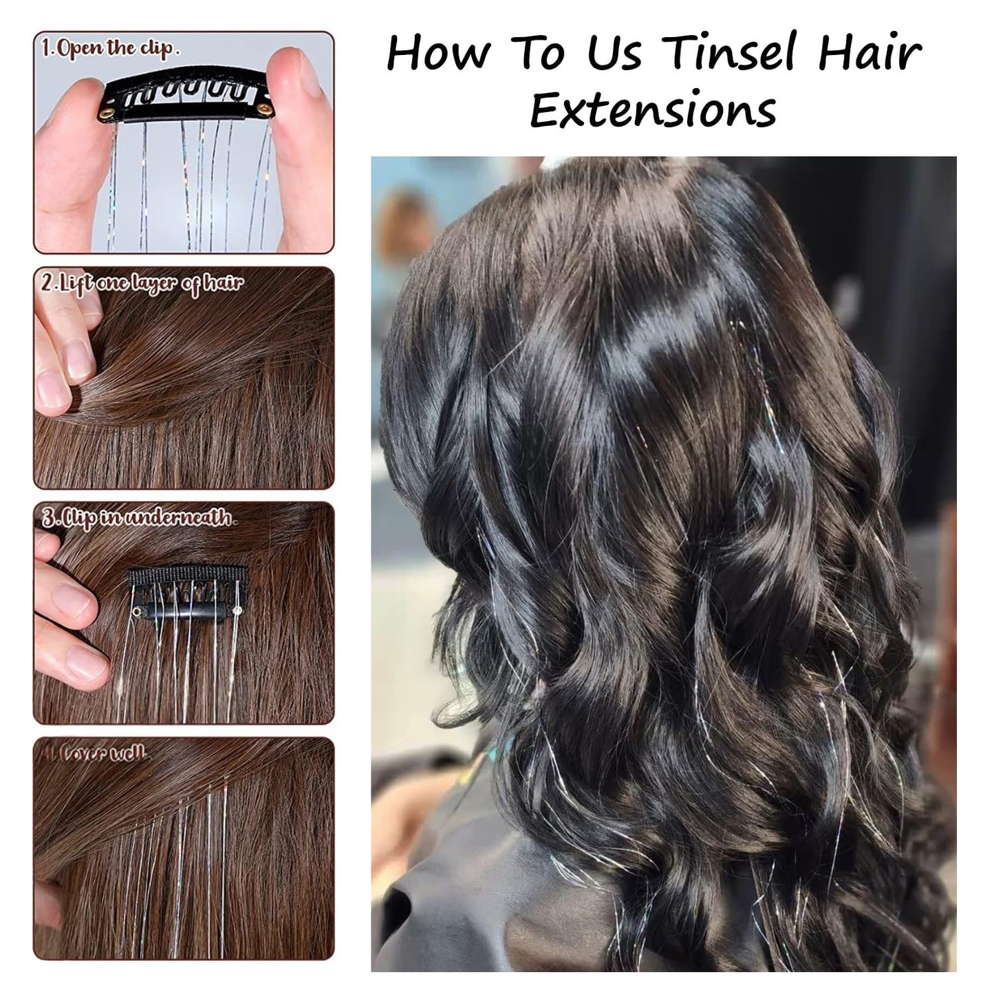 S.A.V.I Silver Glitter Hair Tinsel Clip-In Extensions 12 Pcs Pack | 50cm Shimmer Metallic Fairy Strands with Snap Clip | Reusable Sparkle Hair Accessory for Women, Girls, Parties & Festivals