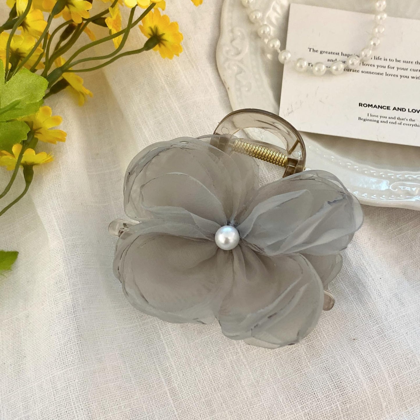 S.A.V.I Grey Flower Hair Claw Clip for Women & Girls | 8cm Fabric Floral Design with Pearl Center | Stylish Hair Accessory for Daily, Party, Festive & Traditional Outfits