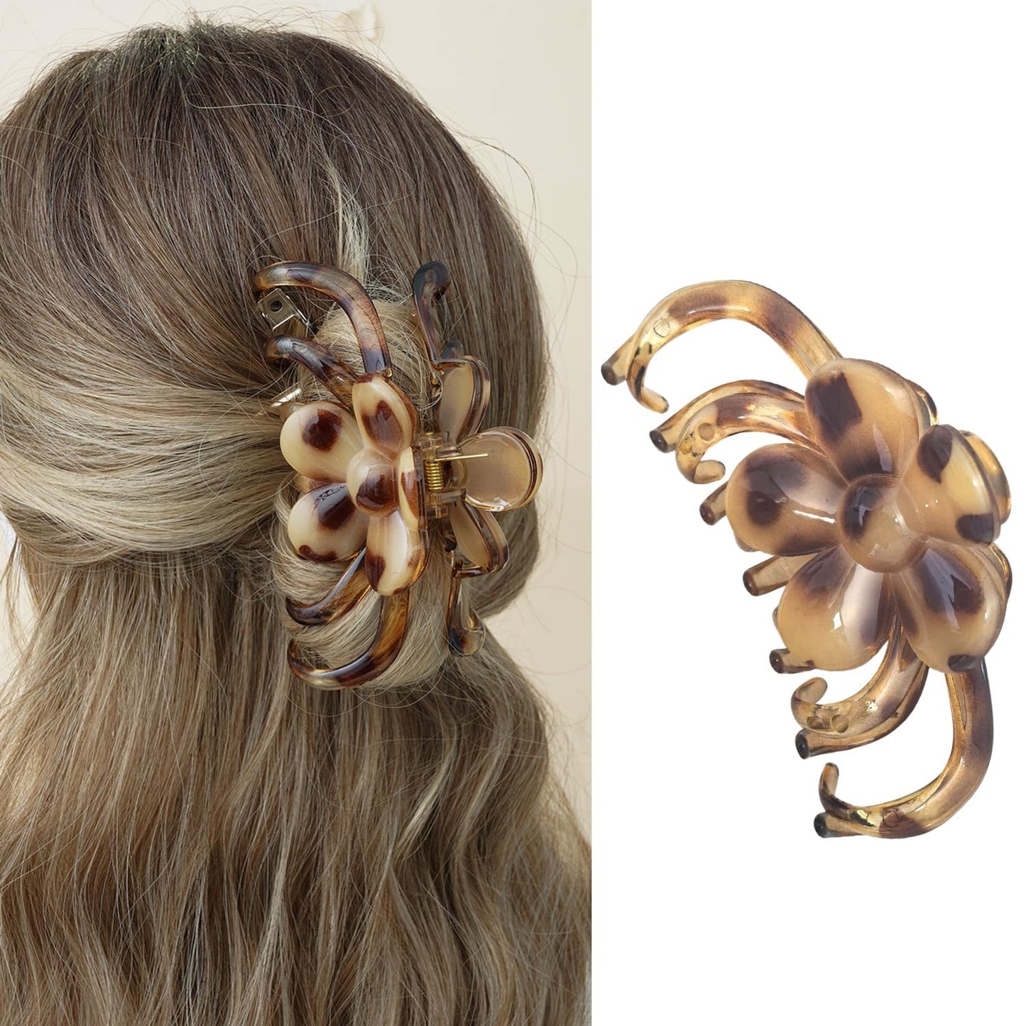 S.A.V.I Large Tortoiseshell Flower Hair Claw Clip for Women & Girls, 13 cm Acrylic Strong Grip Jaw Clip, Brown Animal Print Non-Slip Hair Clutcher for Thick Long Hair Styling