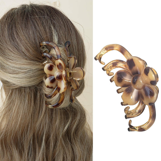 S.A.V.I Large Tortoiseshell Flower Hair Claw Clip for Women & Girls, 13 cm Acrylic Strong Grip Jaw Clip, Brown Animal Print Non-Slip Hair Clutcher for Thick Long Hair Styling