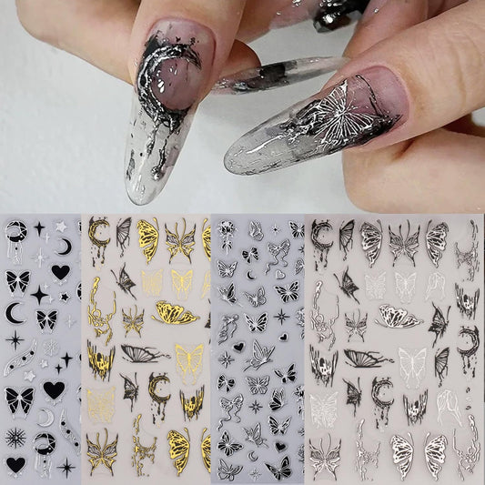 S.A.V.I 4 Sheets - 3D Self-Adhesive Nail Art Stickers Set, Gold & Silver Butterfly Moon Star Bow Designs, Metallic Decals for Acrylic Gel & Natural Nails, 9×6 cm