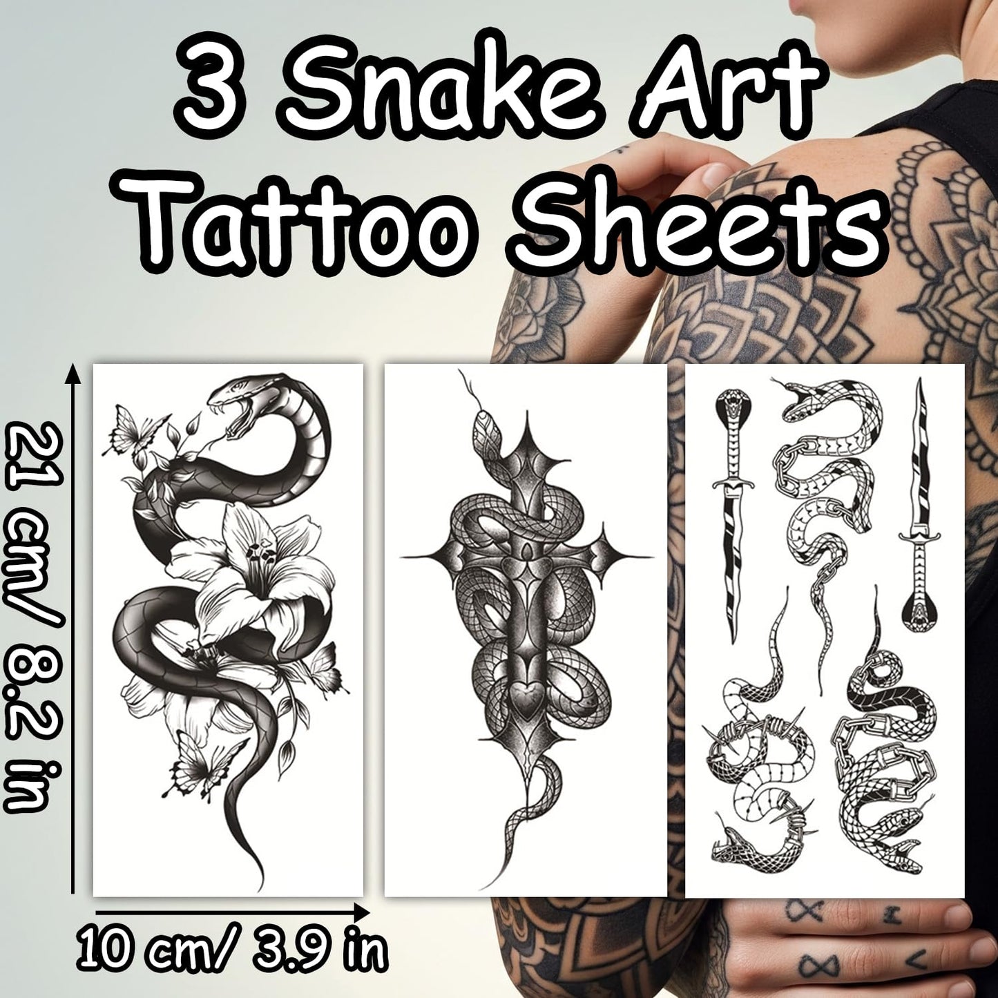 S.A.V.I 3 Pcs Large Snake Design Temporary Tattoo Sheets – Black Waterproof & Long Lasting Body Art Stickers for Men & Women, 21x10cm, Safe & Non-Toxic Realistic Fake Tattoos