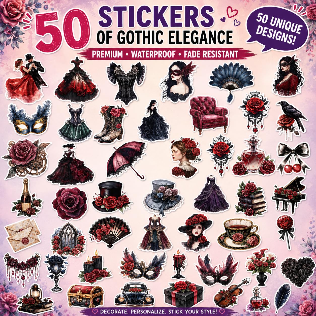S.A.V.I 50 Pcs Gothic Vinyl Stickers Pack for Laptop & Water Bottle