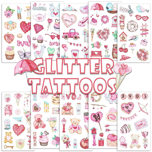 S.A.V.I 10PCS. Valentine's Day Glitter Temporary Tattoo Stickers | Lovely Pink Heart, Cupid's Arrow, Dessert  Flowers | Love Fake Tattoos for Kids | Size 12x6.8CM