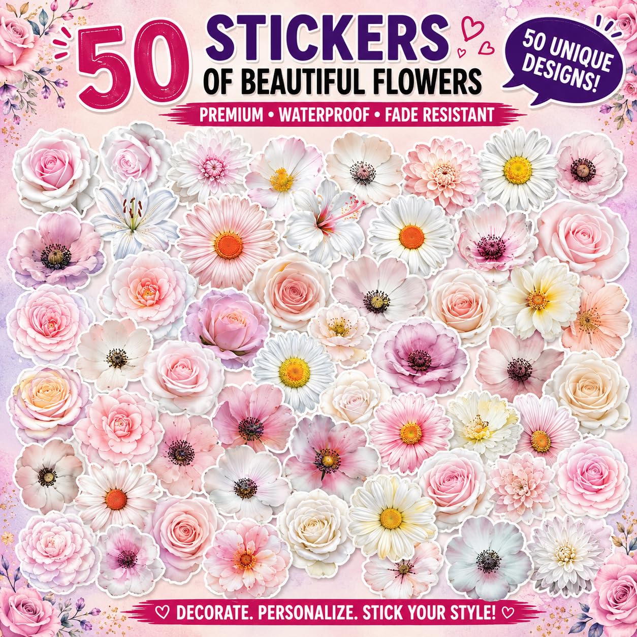 S.A.V.I 50 PCS Floral Stickers for Water Bottles & Laptop, Waterproof