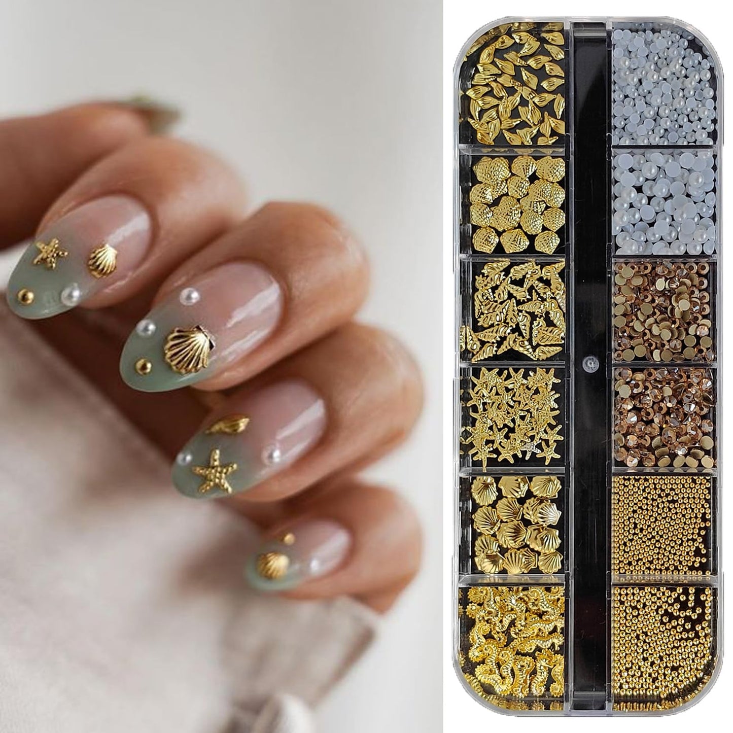 S.A.V.I 3D Beach Theme Nail Art Kit | Gold Metal Seashell, Starfish & Seahorse Charms with Pearls and Rhinestones | Multi Size Flat Back | 12 Grid Storage Box