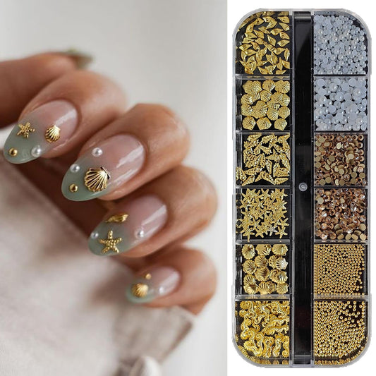 S.A.V.I 3D Beach Theme Nail Art Kit | Gold Metal Seashell, Starfish & Seahorse Charms with Pearls and Rhinestones | Multi Size Flat Back | 12 Grid Storage Box