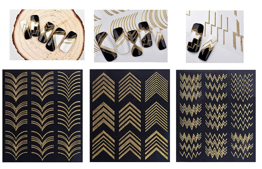S.A.V.I 3 Sheets 3D Nail Art Tip Decoration DIY Gold Metal Self-Adhesive Wave Line Stickers Stripes For Manicure