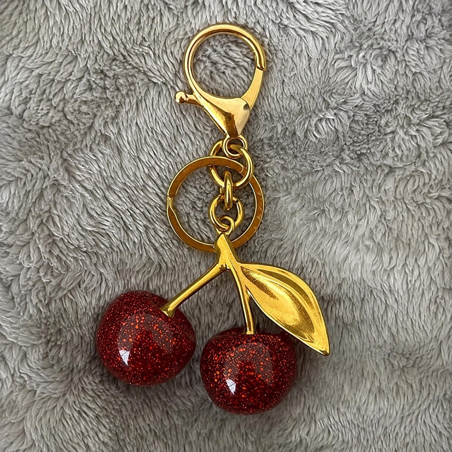 S.A.V.I Cherry Keychain for Women & Girls, Glitter Resin Gold Alloy Charm, Cute Bag Accessory, Purse Pendant, 13 x 7 cm Decorative Key Ring, Red Sparkle Finish, Durable Gift for Handbags & Backpacks