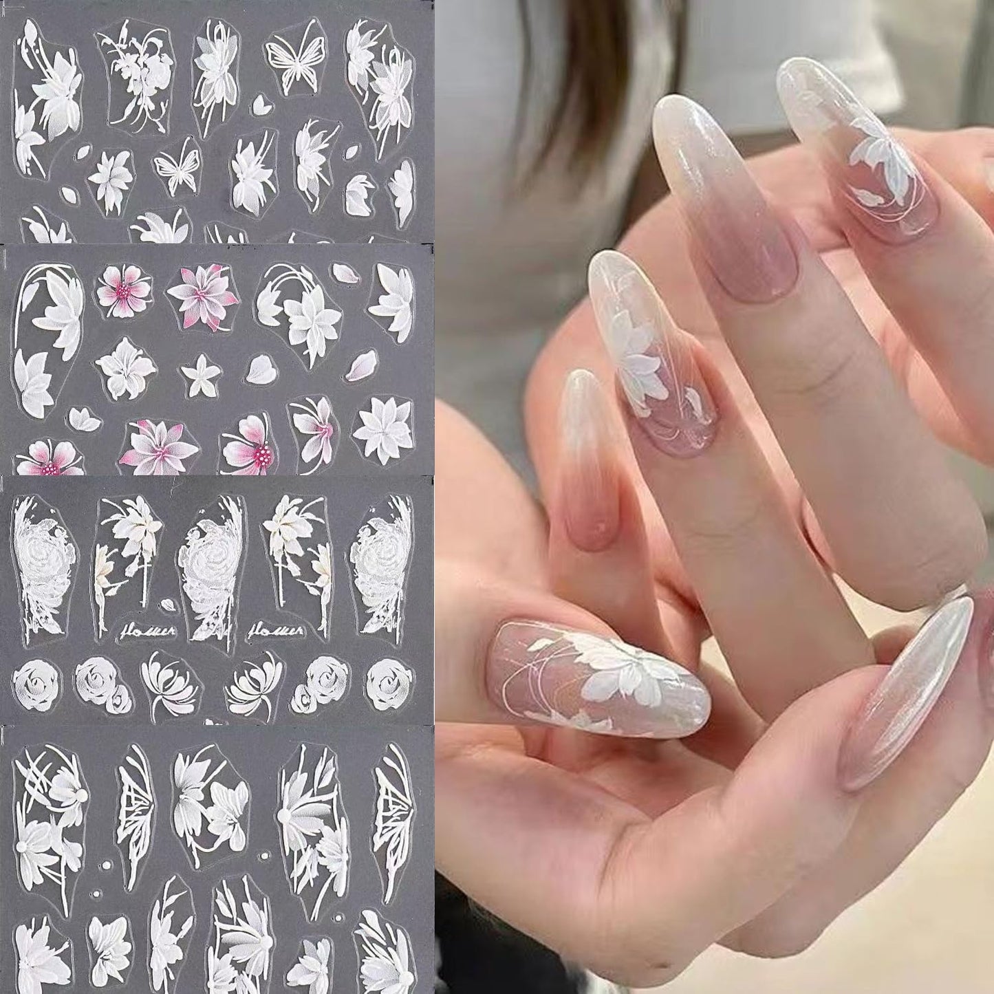 S.A.V.I 4 Sheets - 3D Floral Nail Art Stickers | White & Pink Self-Adhesive PVC Decals with Transparent Base | DIY Nail Decoration for Gel, Acrylic & Natural