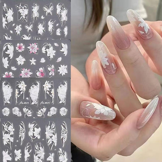 S.A.V.I 4 Sheets - 3D Floral Nail Art Stickers | White & Pink Self-Adhesive PVC Decals with Transparent Base | DIY Nail Decoration for Gel, Acrylic & Natural