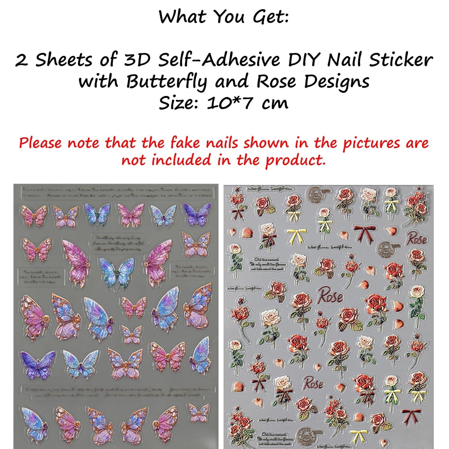 S.A.V.I 2 Sheets 3D Self-Adhesive Nail Art Stickers, Multicolor Butterfly & Rose Design, Resin Gel DIY Decals, Easy Peel-and-Stick, for Women & Girls