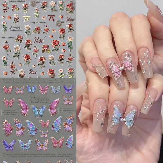S.A.V.I 2 Sheets 3D Self-Adhesive Nail Art Stickers, Multicolor Butterfly & Rose Design, Resin Gel DIY Decals, Easy Peel-and-Stick, for Women & Girls
