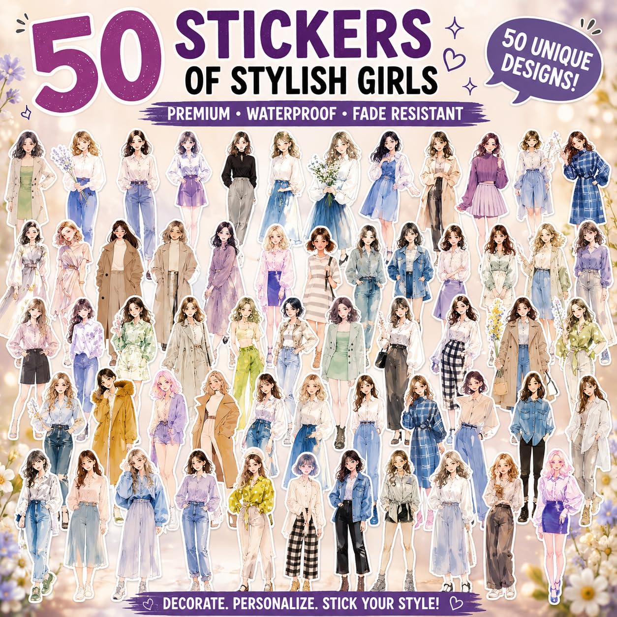 S.A.V.I 50 Pcs Aesthetic Stickers for Girls | Cute Vinyl Decals Set