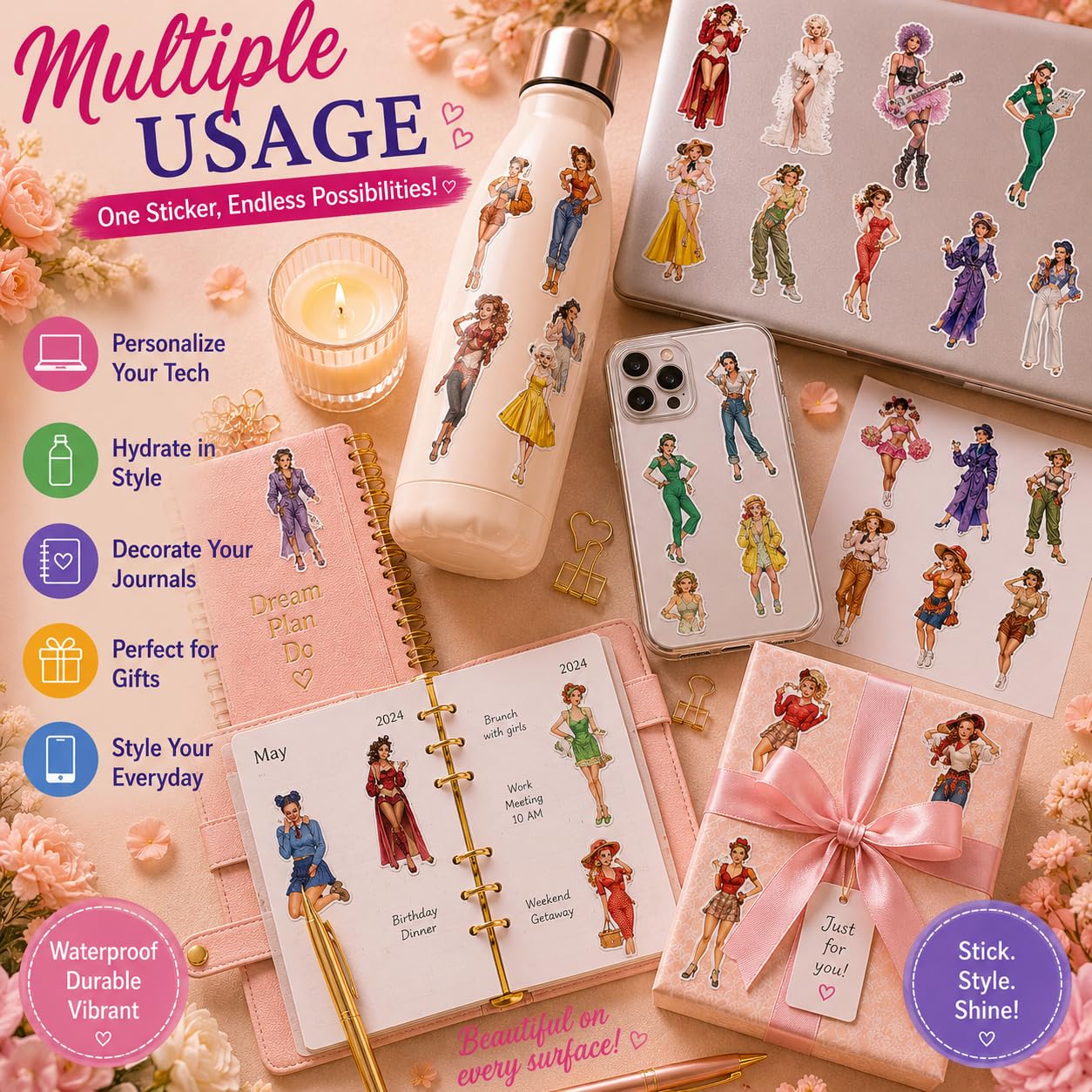 S.A.V.I 50 Pcs Girls Vinyl Stickers Pack for Laptop Mobile Bottle