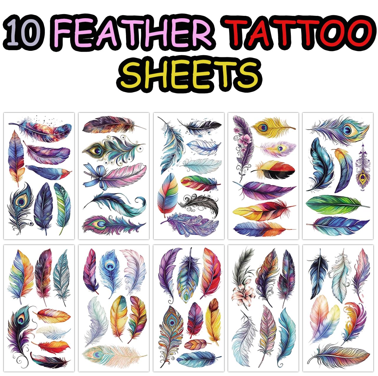 S.A.V.I 10 Sheets Colourful Feather Temporary Tattoos for Kids & Adults | Waterproof, Safe & Non-Toxic Body Stickers | 12x6.8cm | Easy to Apply & Remove | Party, Gift & Return Favours