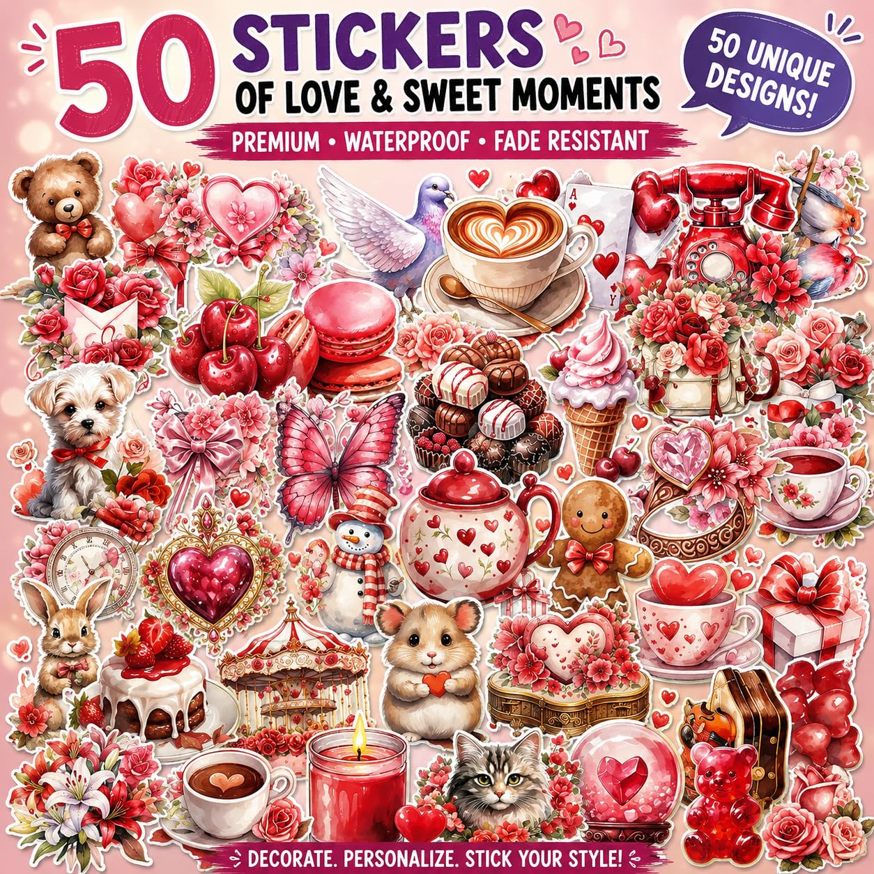 S.A.V.I 50PCS Love Valentine Vinyl Stickers Pack for Laptop & Bottle