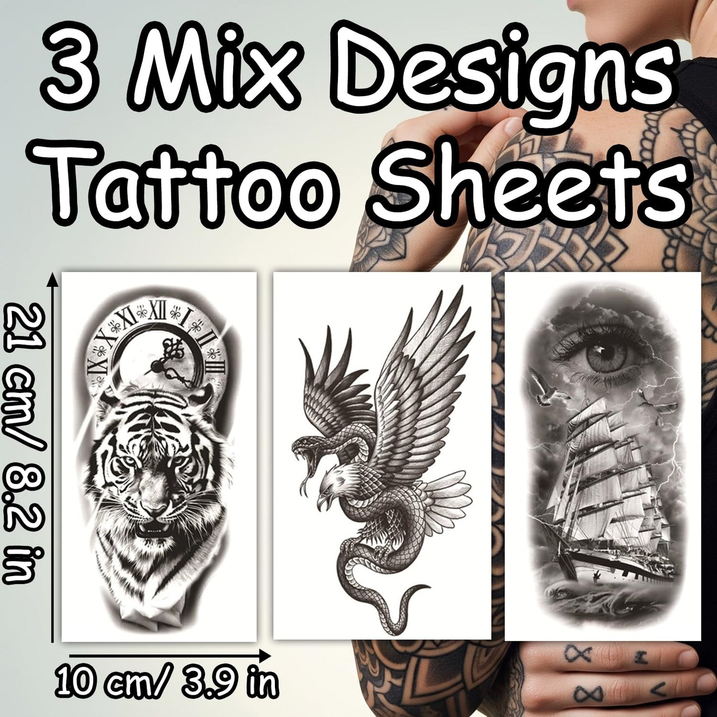 S.A.V.I 3 Mix Design Temporary Tattoo Sheets 21x10 cm Black Grey – Realistic Tiger Clock Eagle Snake Eye Ship Tattoos, Waterproof Non-Toxic Long Lasting Body Art for Men Women (#13)