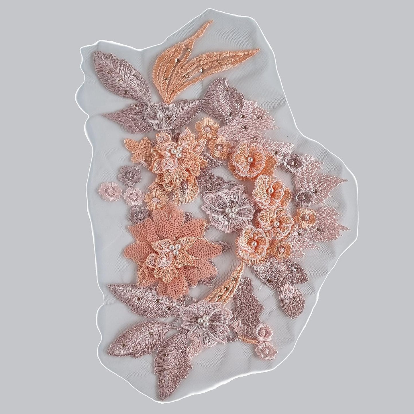 S.A.V.I 3D Floral Embroidered Applique Patch | Peach  Gold Mesh Lace Fabric (30x20cm) | Sew-On for Bridal Wear, Lehengas, Sarees, Gowns, Blouses, DIY Dresses  Craft Sewing Accessories