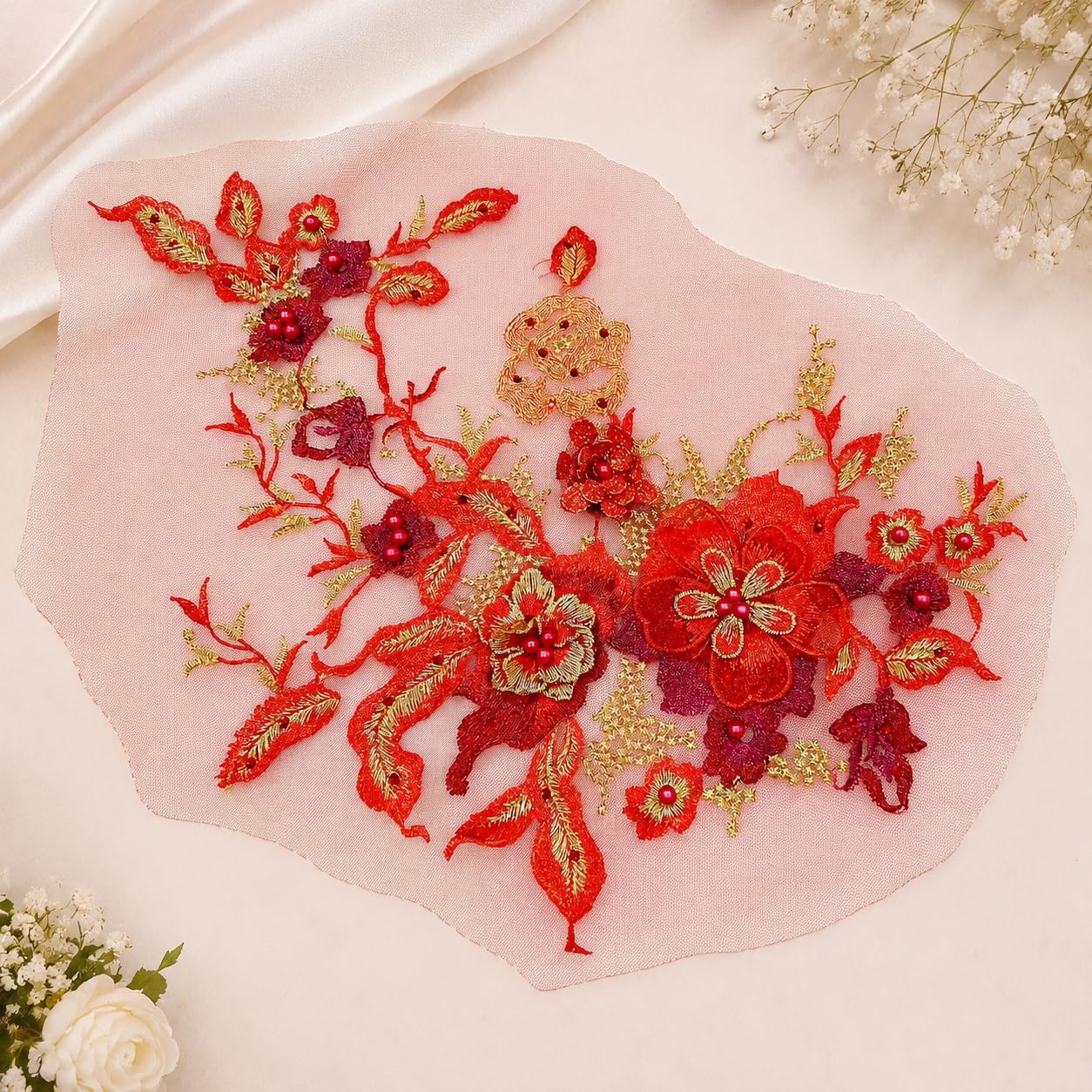 S.A.V.I Floral Embroidery Patch Sew-On Applique Red & Gold DIY|36 x 25 cm Mesh Lace Motif for Dresses, Kurtas, Blouses & Tops, Hand Stitch Embellishment for Women