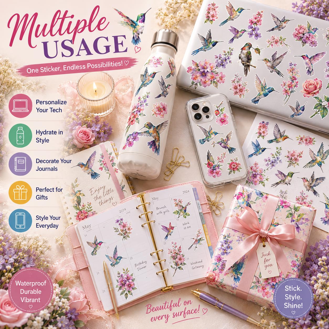 S.A.V.I 50 Pcs Hummingbird Floral Stickers Set, Waterproof Vinyl Decals