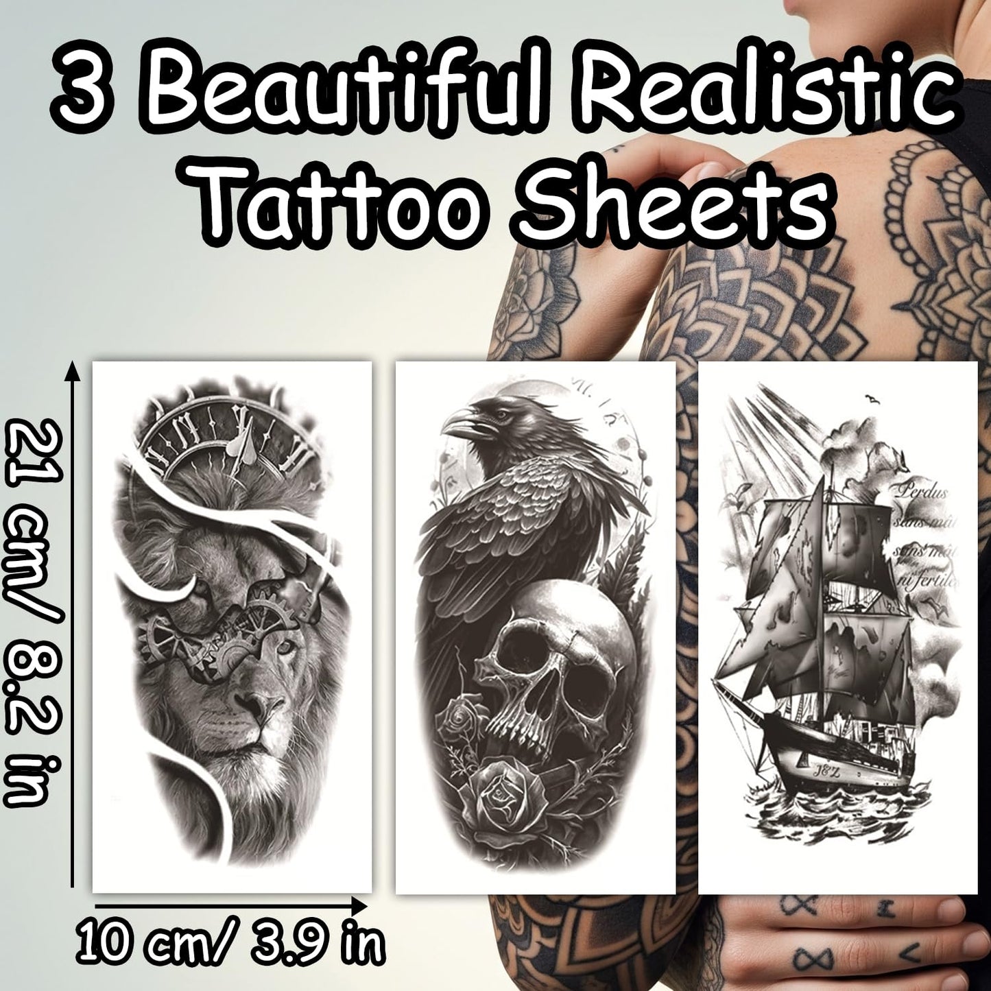 S.A.V.I 3 Large Realistic Temporary Tattoo Sheets for Men & Women – Waterproof, Non-Toxic Body Art Stickers – Lion, Ship, Skull with Raven – 21x10 cm Long Lasting Arm & Back Tattoos
