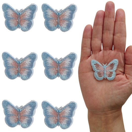 S.A.V.I 6 Pcs Butterfly Embroidered Sew-On Patches, Light Blue & Pink Threadwork on Sheer Mesh Fabric, 4.4 x 3.5 cm Decorative Appliqué for Dresses, Blouses, DIY Craft & Accessories (Blue-Pink)