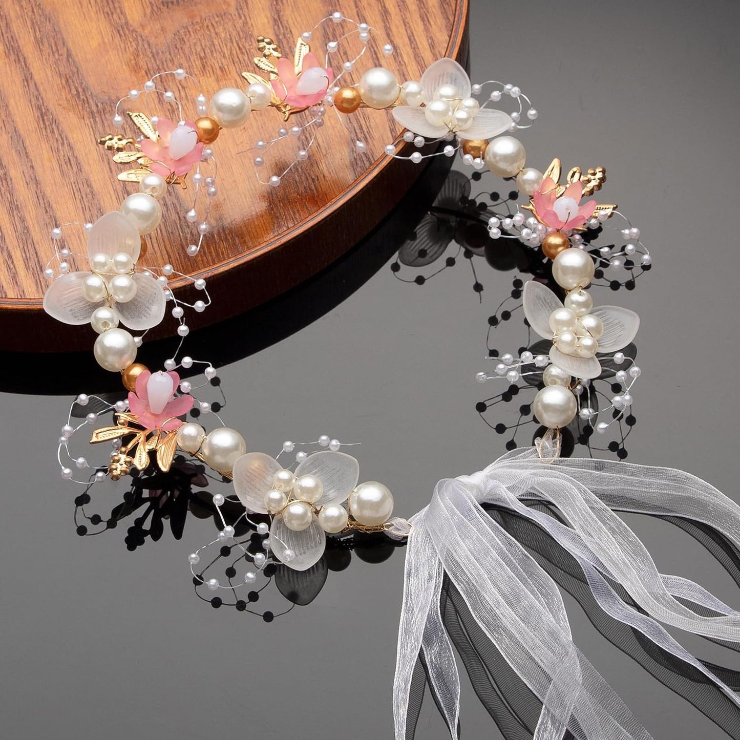 S.A.V.I Floral Pearl Headband for Women & Girls | Pink White Flower Hair Vine Crown Tiara with Ribbon Bow | Adjustable 35cm Bridal Hair Accessory for Wedding Party Festive