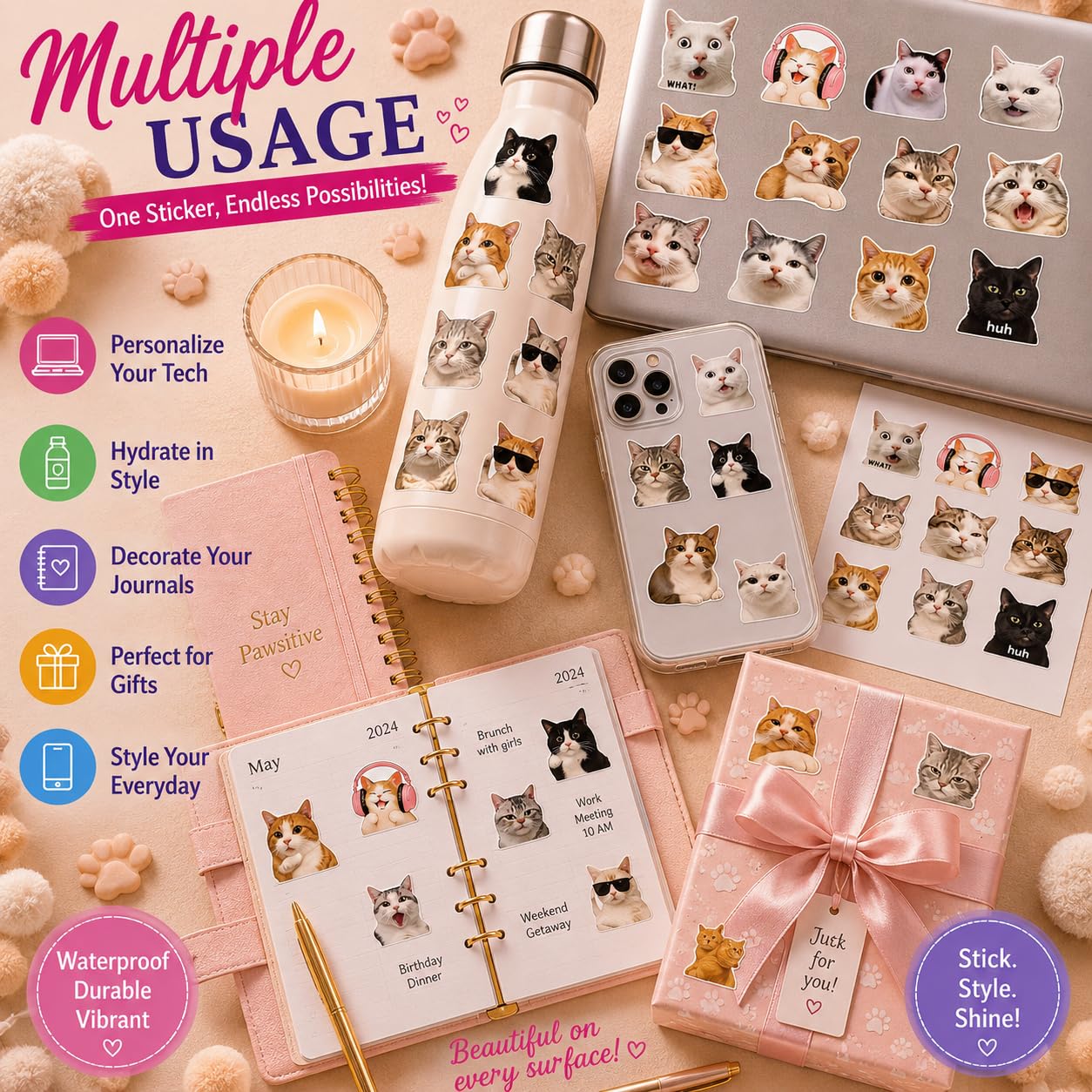 S.A.V.I 50 Pcs Cute Cat Stickers for Water Bottles, Laptops & Phones