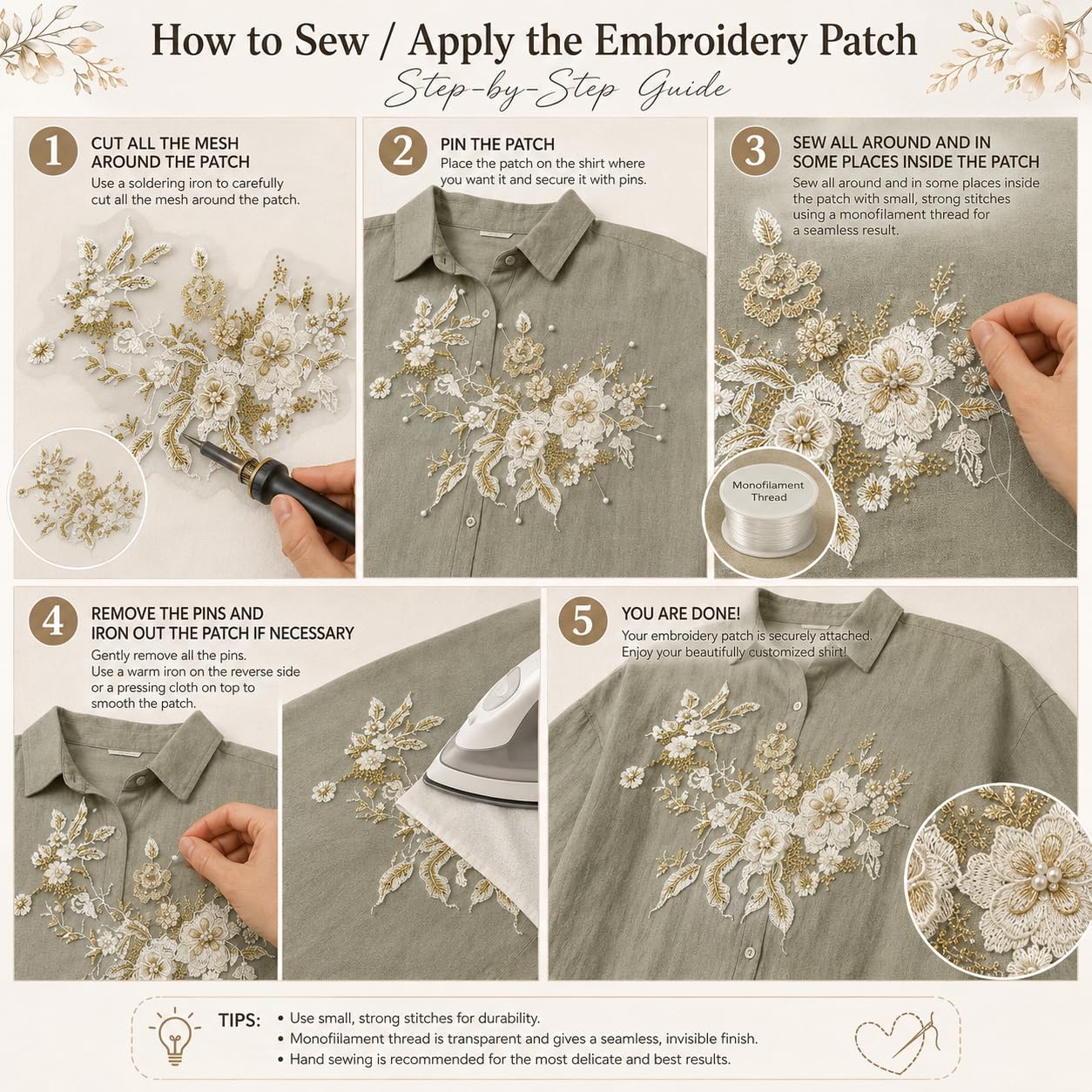 S.A.V.I Floral Embroidery Patch Sew-On Applique White Gold 36x25 cm|Large DIY Lace Motif for Dresses, Kurtas, Blouses & Shirts, Mesh Fabric, Elegant Decorative Craft Accessory