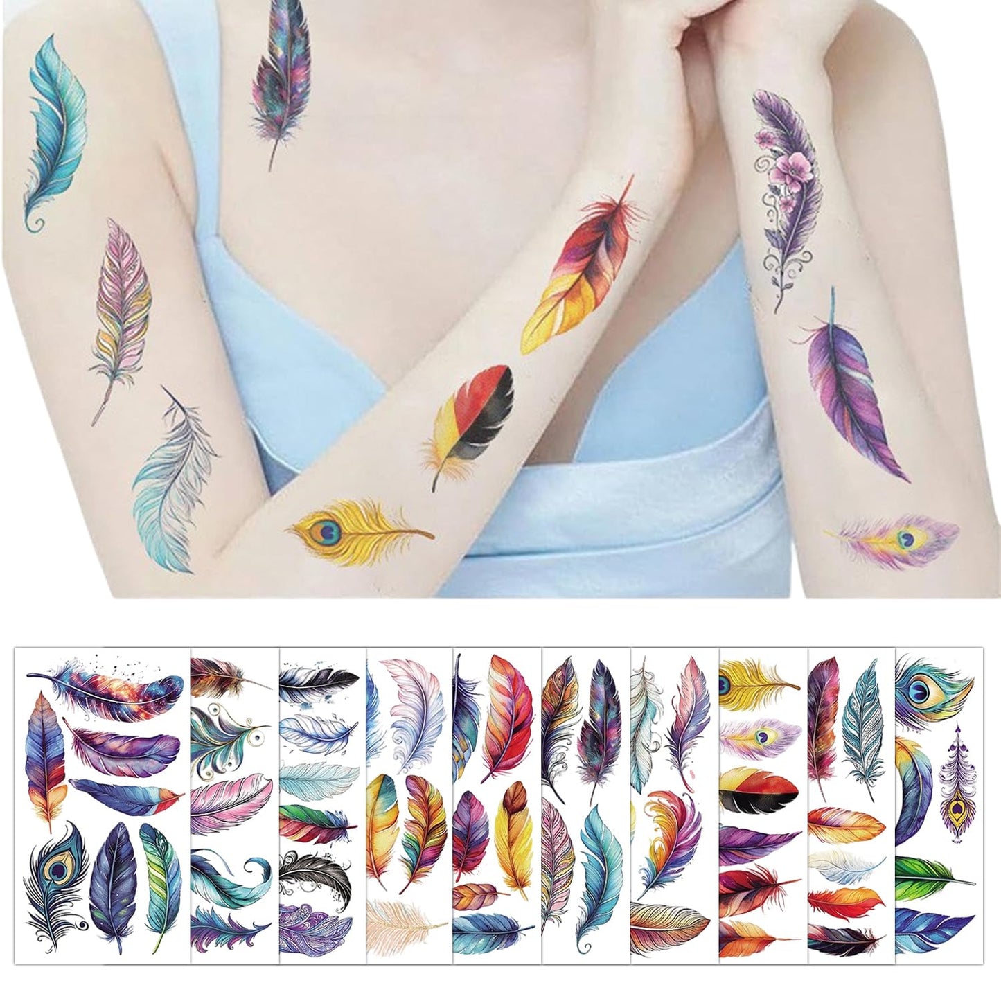 S.A.V.I 10 Sheets Colourful Feather Temporary Tattoos for Kids & Adults | Waterproof, Safe & Non-Toxic Body Stickers | 12x6.8cm | Easy to Apply & Remove | Party, Gift & Return Favours