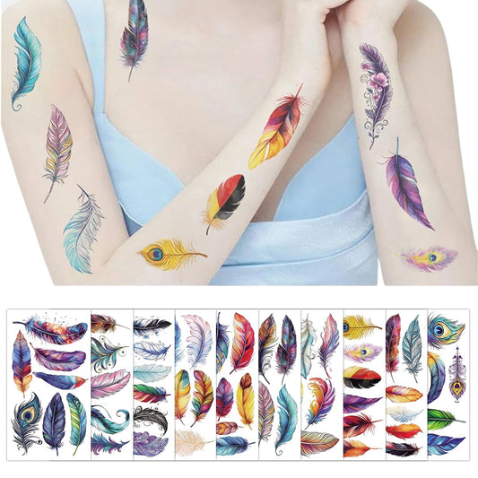 S.A.V.I 10 Sheets Colourful Feather Temporary Tattoos for Kids & Adults | Waterproof, Safe & Non-Toxic Body Stickers | 12x6.8cm | Easy to Apply & Remove | Party, Gift & Return Favours