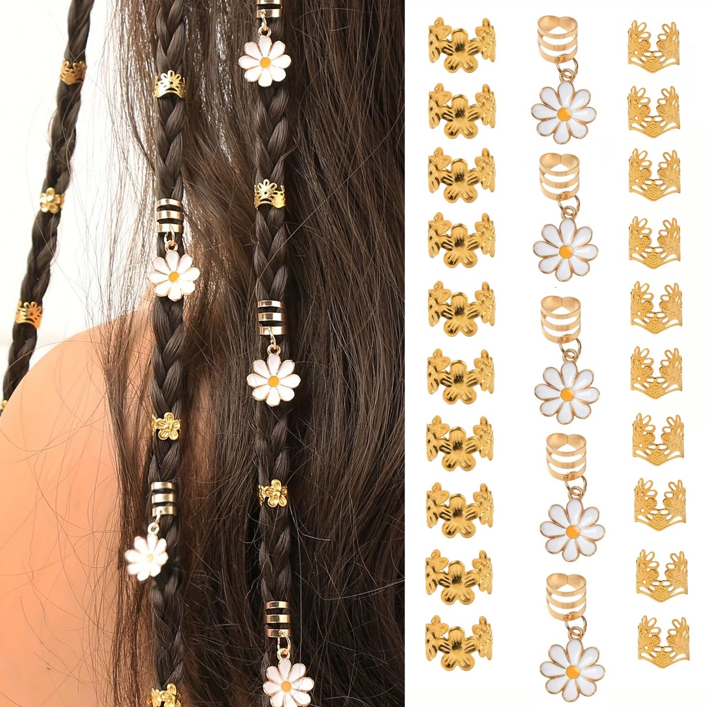 S.A.V.I 45 Pcs Daisy Flower Hair Braid Rings Set for Women & Girls, Gold Metal Dreadlock Cuffs with White Floral Charms, Boho Braiding Accessories for Braids, Locs, Ponytails & Hair Styling
