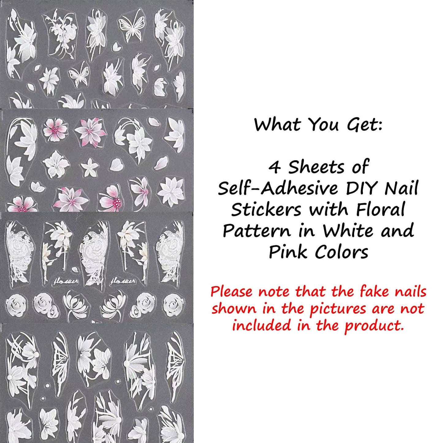 S.A.V.I 4 Sheets - 3D Floral Nail Art Stickers | White & Pink Self-Adhesive PVC Decals with Transparent Base | DIY Nail Decoration for Gel, Acrylic & Natural