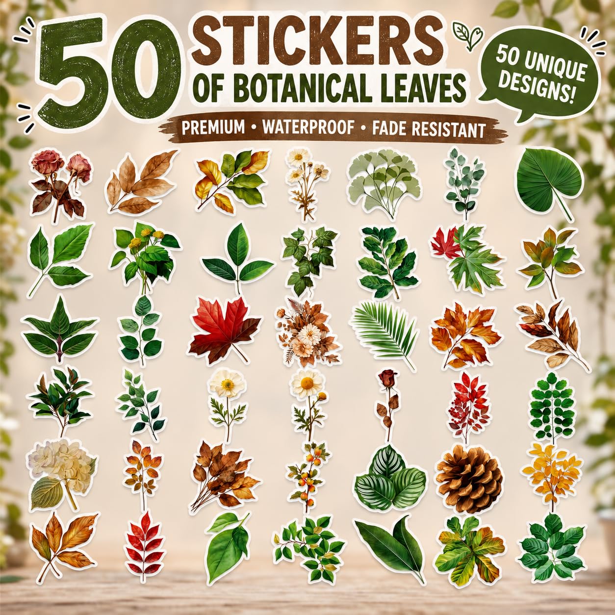 S.A.V.I 50 Pcs Botanical Floral Stickers Set, Waterproof PVC Vinyl Decals