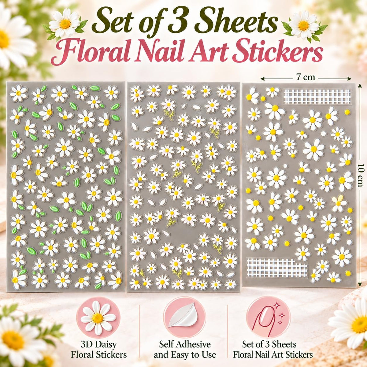 S.A.V.I 3D Floral Nail Art Stickers Self Adhesive Daisy Decals 3 Sheets | White & Yellow Flowers, Green Leaf Accents, Easy Peel & Apply, DIY Manicure, 7 x 10 cm