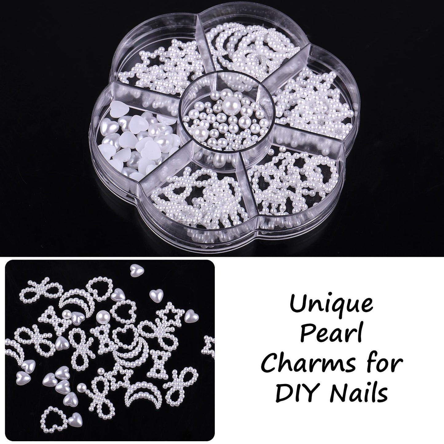 S.A.V.I White Pearl 3D Flat-Back Nail Art Charms Set – Star, Moon, Heart & Bow Shapes, Resin Pearl Design with 7-Section Round Storage Box for DIY Nail Decoration