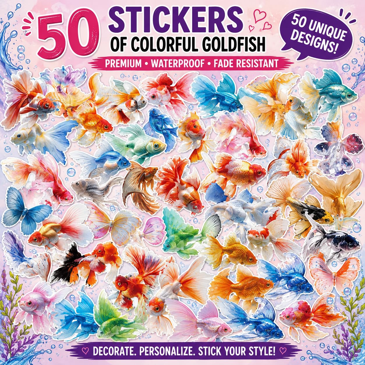 S.A.V.I 50 Pcs Multicolor Goldfish Stickers Set, Waterproof Vinyl Decals